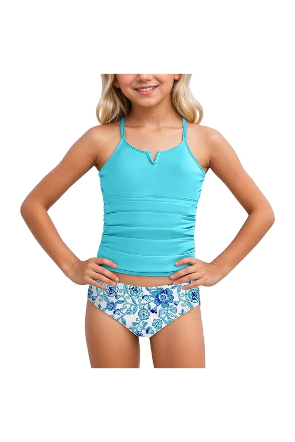 Girls Tankini Set Coconut Tree Print Bathing Suit UPF50+ 2-Piece Swimsuit, Sizes 11-12