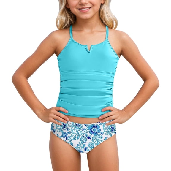 WOYY Girls Tankini Set Coconut Tree Print Bathing Suit UPF50+ 2-Piece Swimsuit, Sizes 4-5