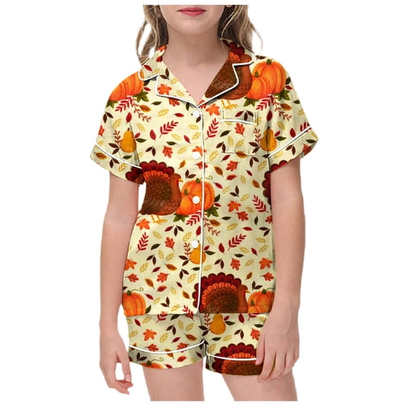 WOYY Girls Thanksgiving Pajama Sets Turkey Short Sleeve Button Down Top Shorts, Sizes 2-13