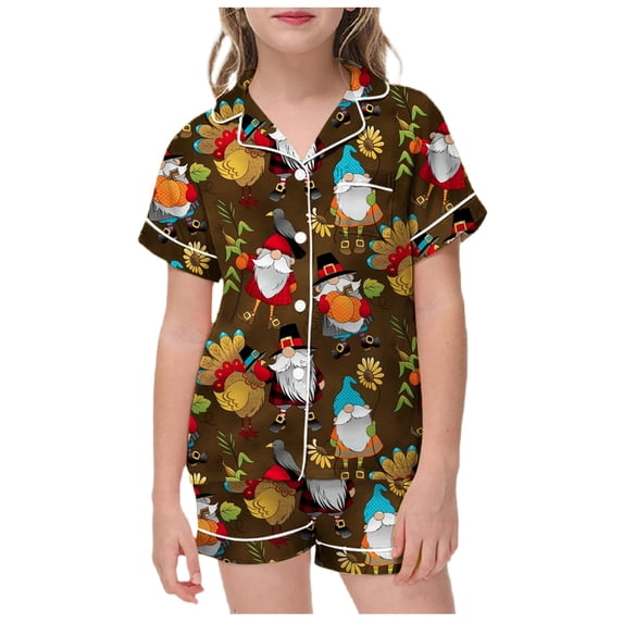 WOYY Girls Thanksgiving Pajama Sets Turkey Short Sleeve Button Down Top Shorts, Sizes 2-13