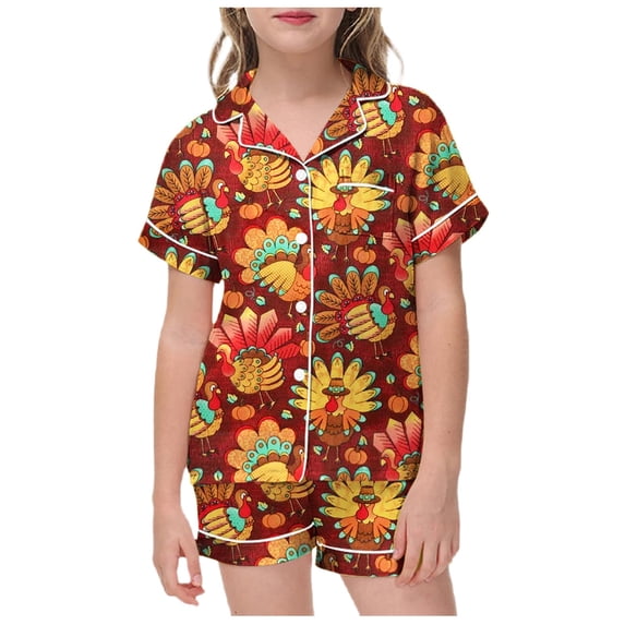 WOYY Girls Thanksgiving Pajama Sets Turkey Short Sleeve Button Down Top Shorts, Sizes 2-13