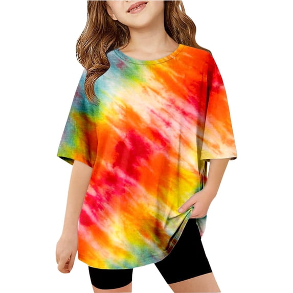 WOYY Girls Tie Dye Oversized T Shirt Lightweight Half Sleeve Crew Neck T-Shirt, Red, Sizes 5-14