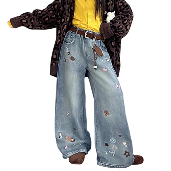 WOYY Girls Trendy Jeans Cute Cartoon Embroidery Baggy Jeans Straight Leg Denim Pants, Sizes 4-5T