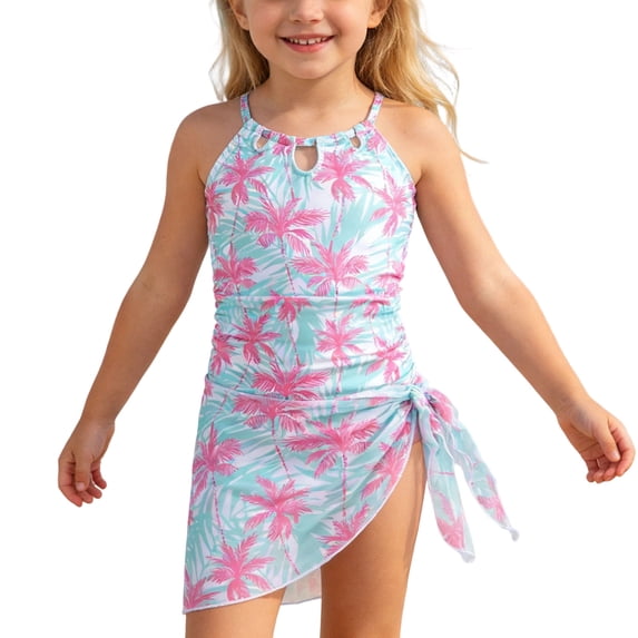 WOYY Girls Tropical Beach One-Piece Swimsuit with Cover Up Bathing Suit, Sizes 7-12