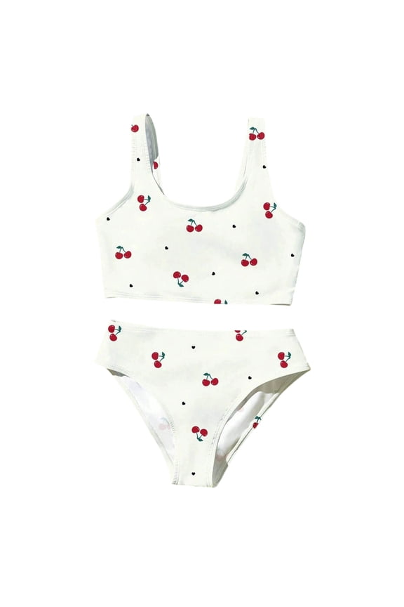 Girls Two Piece Swimsuit Cute Bow Print Stretch Bathing Suit Bikini Set, Sizes 5-12