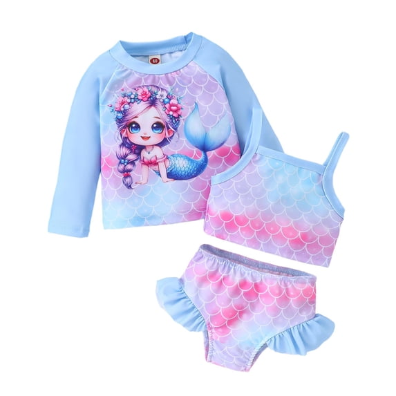 WOYY Girls UPF 50+ 3-Piece Swimsuit Bikini Set with Long Sleeve Rash Guard, Sizes 3-4