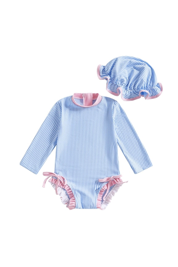 Girls UPF 50+ Ruffle Long Sleeve Rash Guard One-Piece Swimsuit with Hat, Sizes 0-3 Months