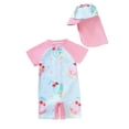thumbnail image 1 of WOYY Girls UPF 50+ Zip Up Short Sleeve Rash Guard One-Piece Swimsuit with Hat, Sizes 3-4, 1 of 6