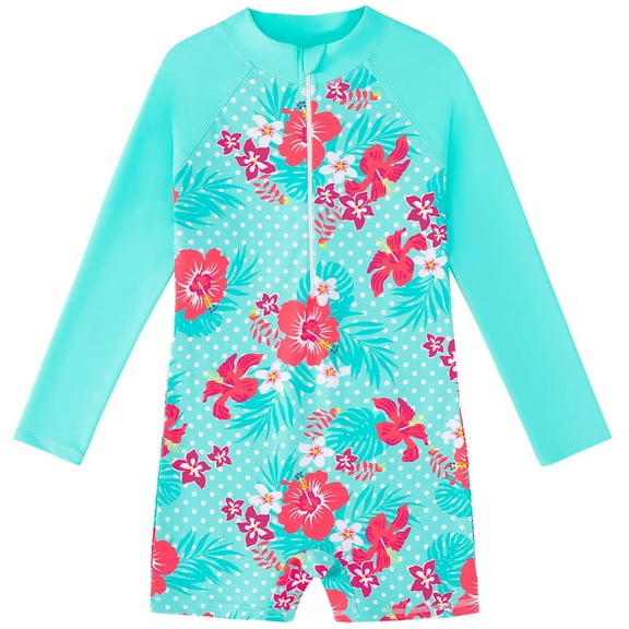 WOYY Girls UPF50+ One-Piece Swimsuit Long Sleeve Rash Guard Swimwear Bathing Suit, Sizes 3-11