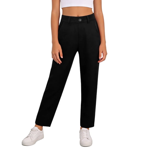 WOYY Girls Uniform Pants High Rise Straight Fit Stretch Trousers School Pants, Black, Sizes 5-14
