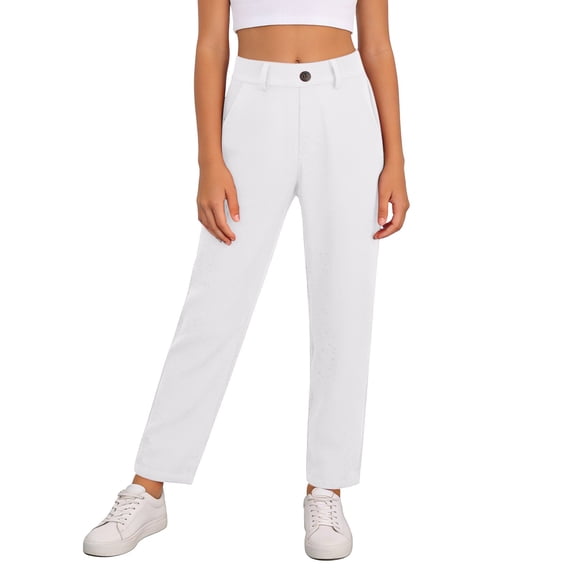 WOYY Girls Uniform Pants High Rise Straight Fit Stretch Trousers School Pants, White, Sizes 5-14