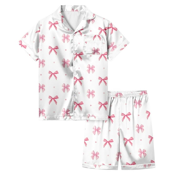 WOYY Girls' Valentine's Day Loungewear Set Short Sleeved Button Top Shorts Sleepwear Outfits girls Clothing Sets, Sizes 3-13