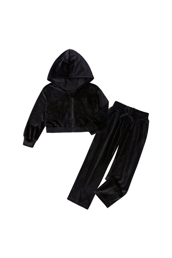 Girls Velvet Tracksuit Velour Zip Up Hoodie Sweatpants Outfits Kids Clothing Sets, Sizes 1-14