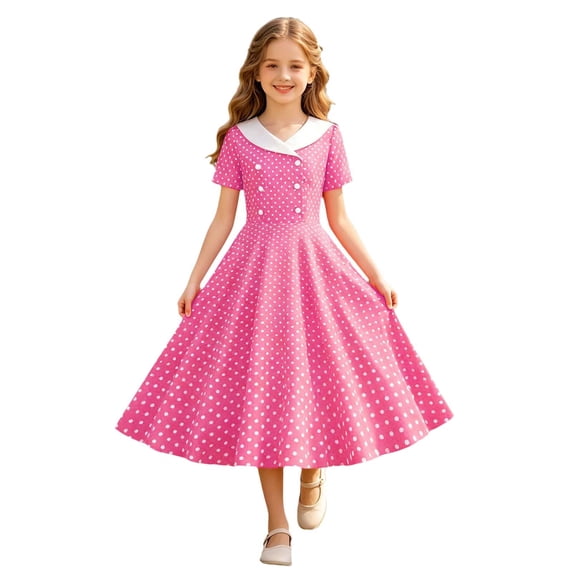 WOYY Girls Vintage Polka Dot Dress Casual Party Short Sleeve A Line Swing Dress, Size 5-14