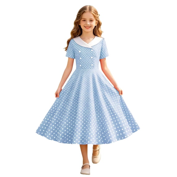 WOYY Girls Vintage Polka Dot Dress Casual Party Short Sleeve A Line Swing Dress, Size 5-14