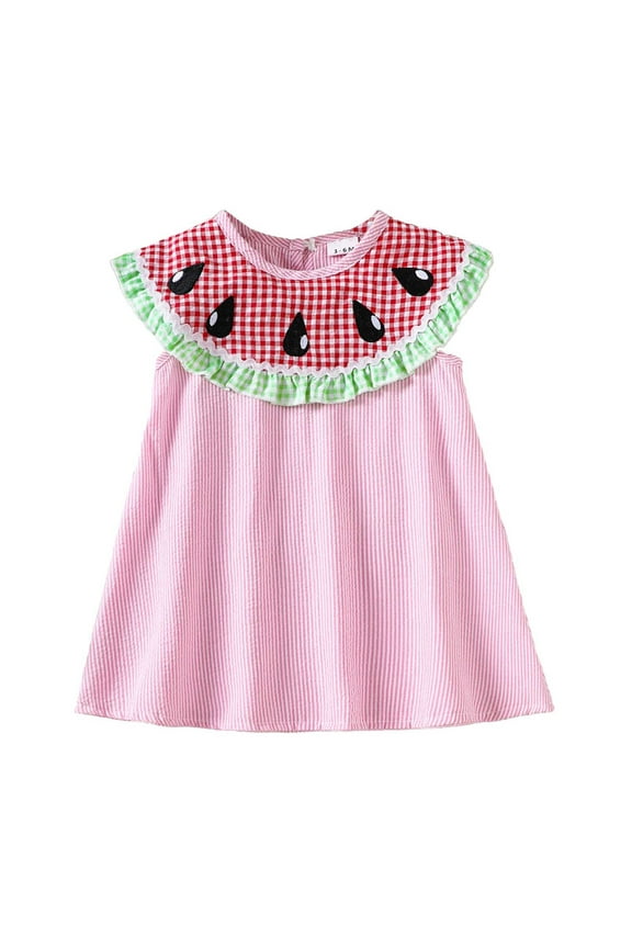 Girls Watermelon Plaid Ruffle Sleeveless Dress Summer Cute Casual Sundress, Sizes 3M-4T