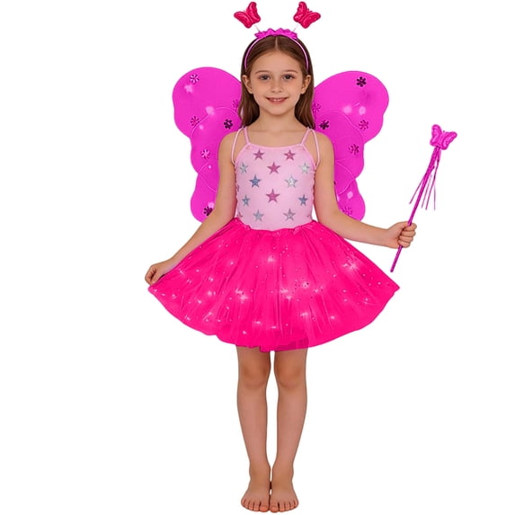WOYY Girls Wings Tutu Skirt Headband Fairy Wand 4Pcs Outfits Glowing Fairy Co_stume Fashion Kids Clothes