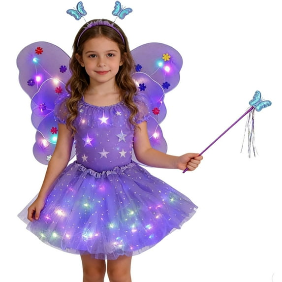 WOYY Girls Wings Tutu Skirt Headband Fairy Wand 4Pcs Outfits Glowing Fairy Co_stume Kids Clothing Sets