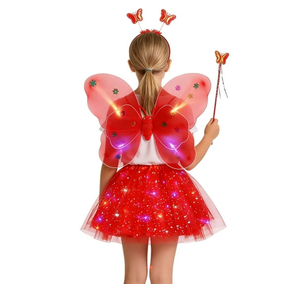 WOYY Girls Wings Tutu Skirt Headband Fairy Wand 4Pcs Outfits Glowing Fairy Co_stume