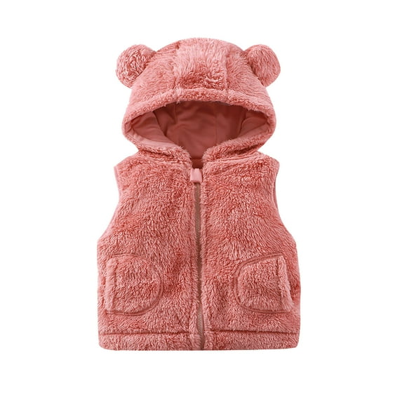 WOYY Girls Winter Vest Cute Teddy Full Zip Coat Bear Ear Hood Solid Sleeveless Jacket