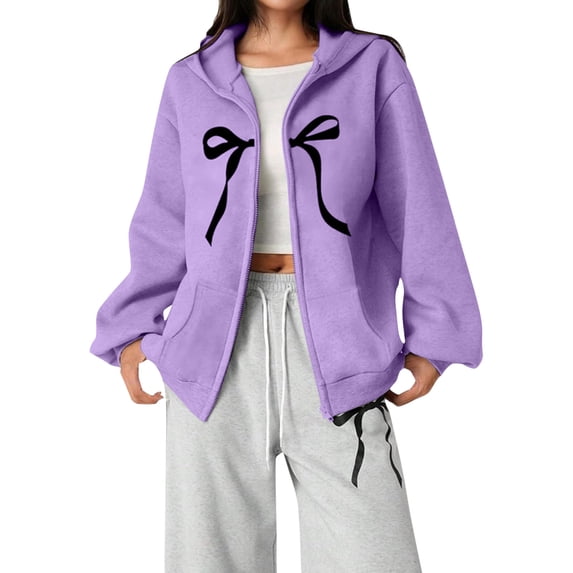 WOYY Girls Zip Up Hoodie Bow Print Cute Outerwear Hooded Sweatshirt Jacket, Purple, Sizes 3-12