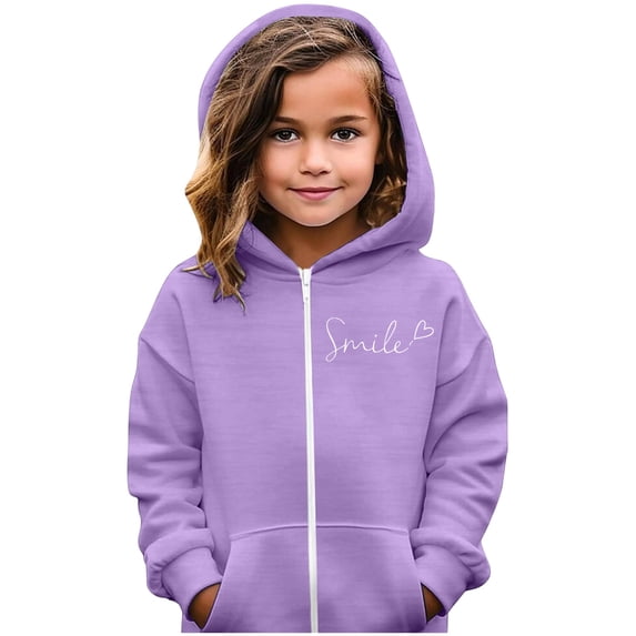 WOYY Girls Zip Up Hoodie Cute Heart Print Fleece Soft Hooded Sweatshirt Jacket, Purple, Sizes 3-12