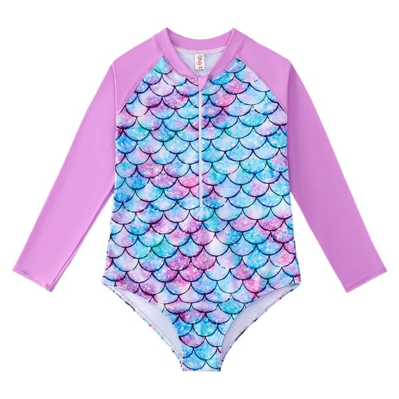 WOYY Girls Zip Up Long Sleeve Rash Guard One-Piece Swimsuit with UPF50+, Sizes 4-12