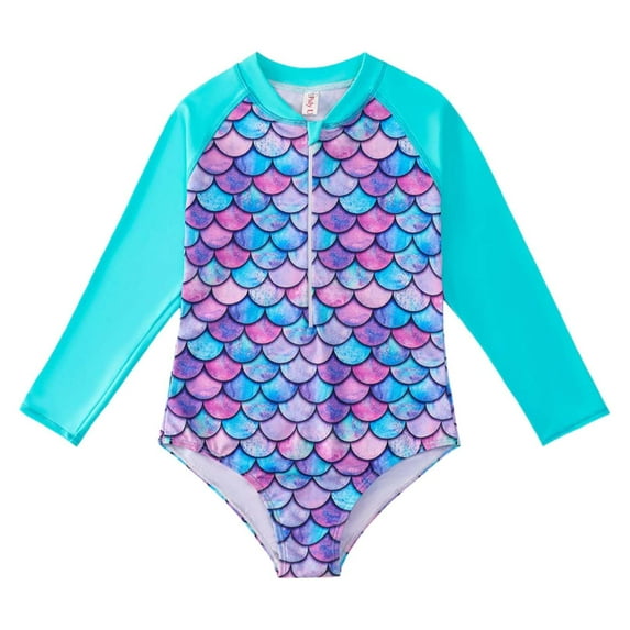 WOYY Girls Zip Up Long Sleeve Rash Guard One-Piece Swimsuit with UPF50+, Sizes 4-12