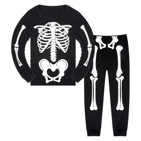 WOYY Halloween Boys Pajama Set Skeleton Print Long Sleeve 2 Piece PJs for Kids, Sizes 2-10