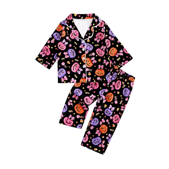 WOYY Halloween Girls 2 Piece Pajamas Long Sleeve Button Down Top Pants Kids PJ, Sizes 3-14