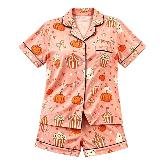 WOYY Halloween Girls PJs Short Sleeve Top Shorts Pajamas Loungewear, 2-Piece, Sizes 2-16