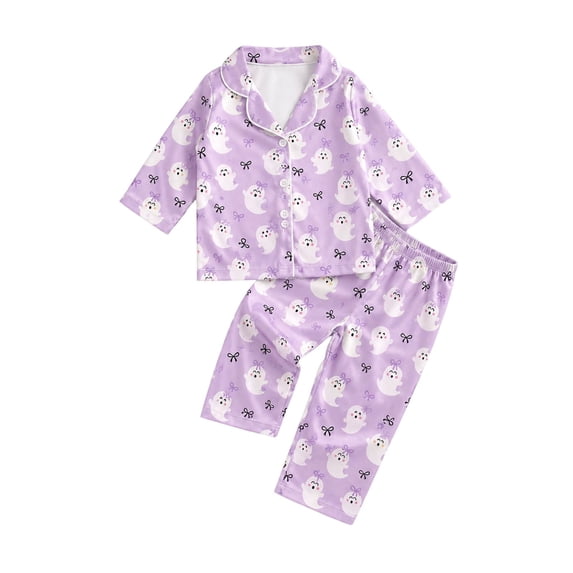 WOYY Halloween Girls Pajamas Ghost Long Sleeve Button Down Shirt and Pants PJs, Sizes 3-14