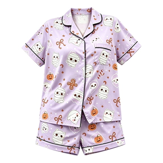 WOYY Halloween Girls Pajamas Satin Short Sleeve Button Front Shirt Shorts PJs, Sizes 2-16