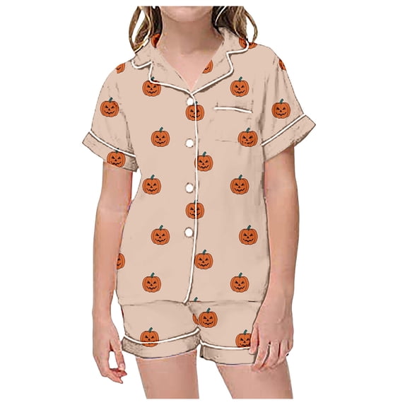 WOYY Halloween Girls Pajamas Short Sleeve Button Shirt Shorts Sleepwear PJ's, Sizes 2-13