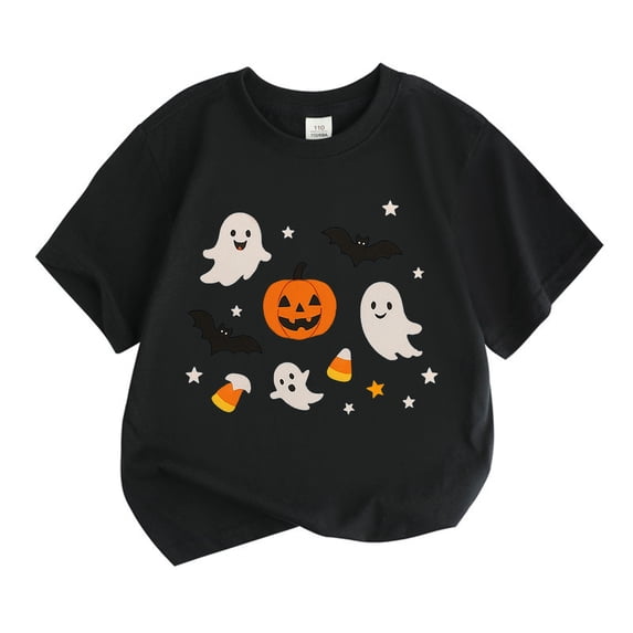 WOYY Halloween Graphic Tee for Girls Cute Short Sleeve Crew Neck T-Shirt Top, Black, Sizes 3-13