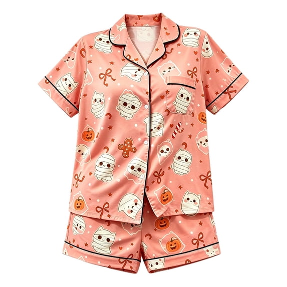 WOYY Halloween Pajamas for Girls Cute Short Sleeve Button Down Shirt Shorts, Sizes 2-16