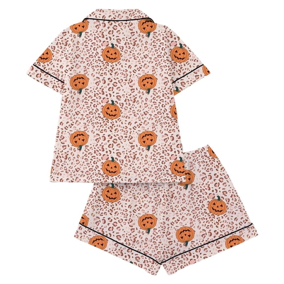 WOYY Halloween Pajamas for Girls Pumpkin Leopard Short Sleeve Top Shorts PJs, Sizes 3-14