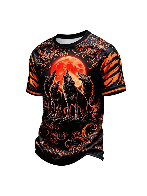 Halloween T Shirt for Boys Wolf Graphic Tee Short Sleeve Crewneck T Shirt, Orange, Sizes 2-13
