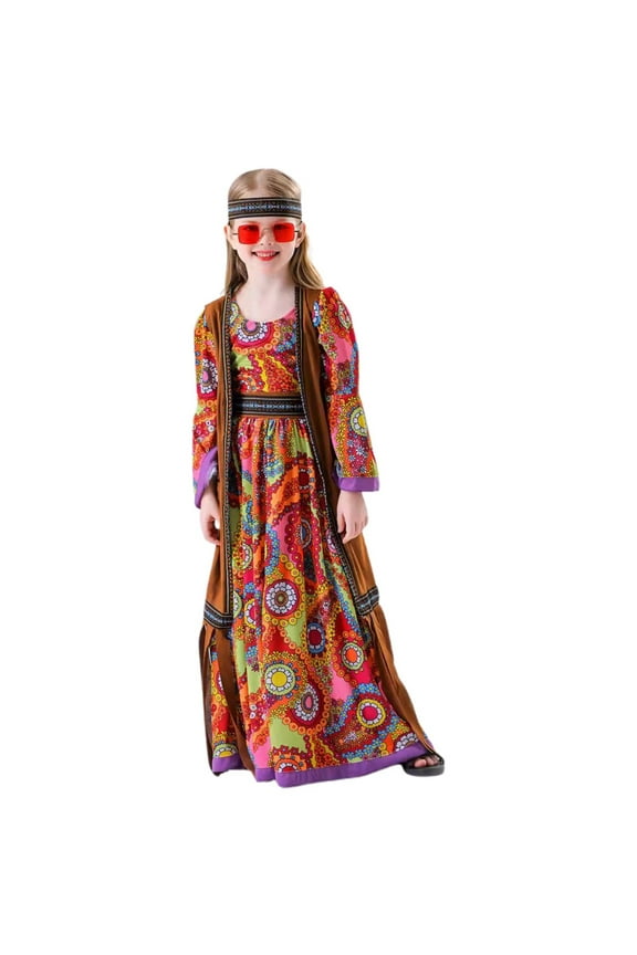 Hippie Disco Dress for Girls Ethnic Style Long Sleeve Round Neck Maxi Dress