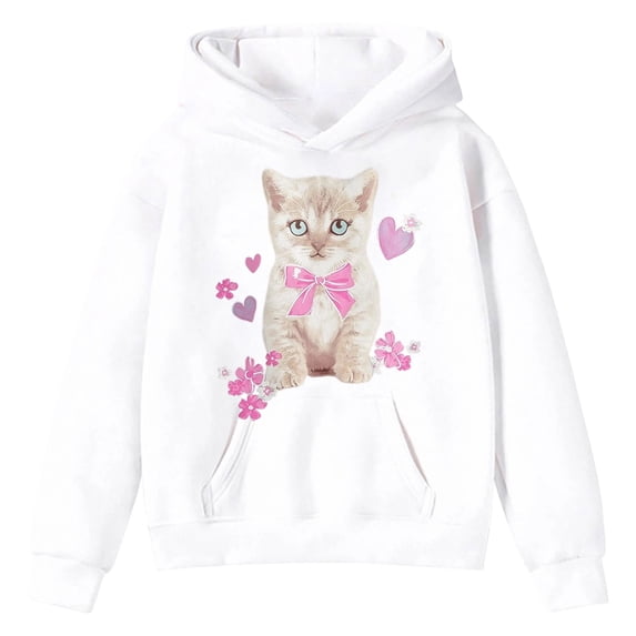 WOYY Hoodies for Girls Cute Cat Print Hooded Sweatshirt Casual Pullover Hoodie, Sizes 2-13
