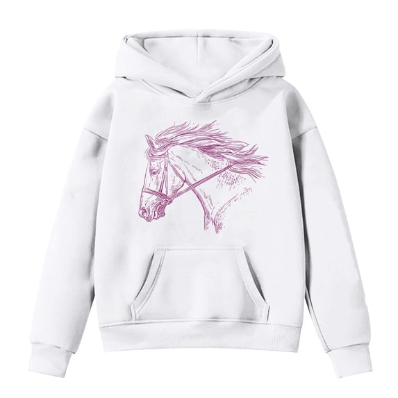 WOYY Hoodies for Girls Horse Print Long Sleeve Hooded Sweatshirt with Pockets, White, Sizes 4-14