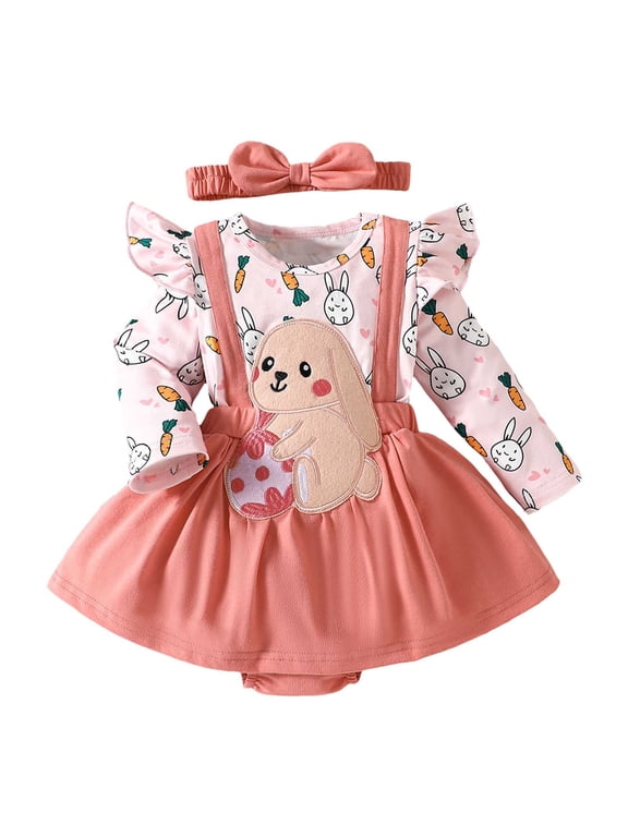 Baby Girl Easter Cute Ruffle Long Sleeve Bodysuit Dress Outfits, Sizes 0-18 Months