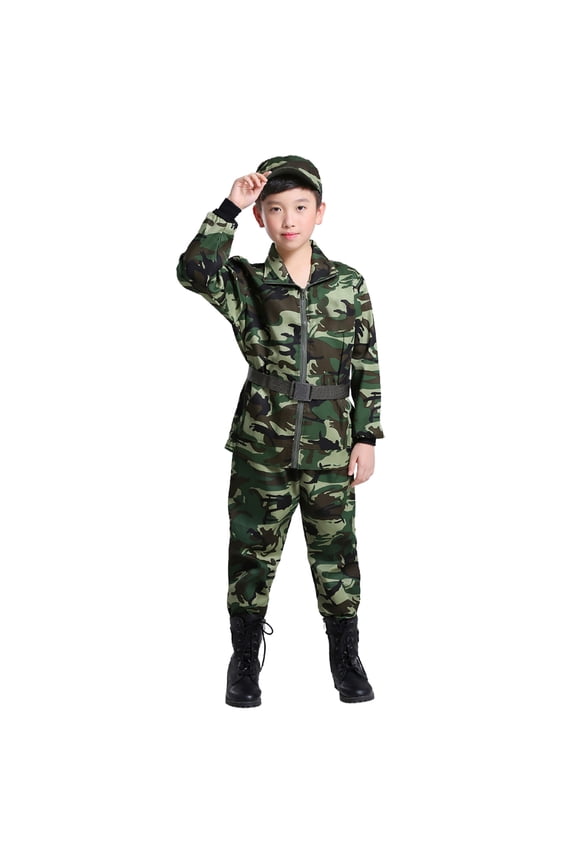 Boys Camouflage Outfits Long Sleeve Shirt Pants Belt Hat 4Pcs Set, Sizes 12-24M