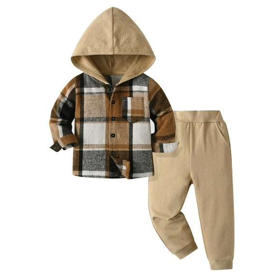 WOYY Infant Boys Casual Outfits Plaid Long Sleeve Hooded Shirt Pants Set, Sizes 6-9M