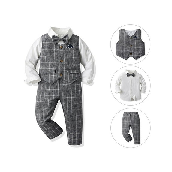 WOYY Boys Dress Suit Long Sleeve Plaid Shirt Tops Pants Vest with Bowtie 4Pcs Sets