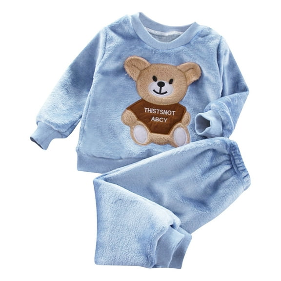 WOYY Infant Boys Flannel Pajamas Bear Embroidery Long Sleeve Top Pants Pjs, Sizes 18-24M