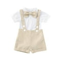 thumbnail image 1 of WOYY Infant Boys Formal Suit Short Sleeve Romper Suspenders Shorts Bowtie Wedding Tuxedo Outfits, Beige, 1 of 3