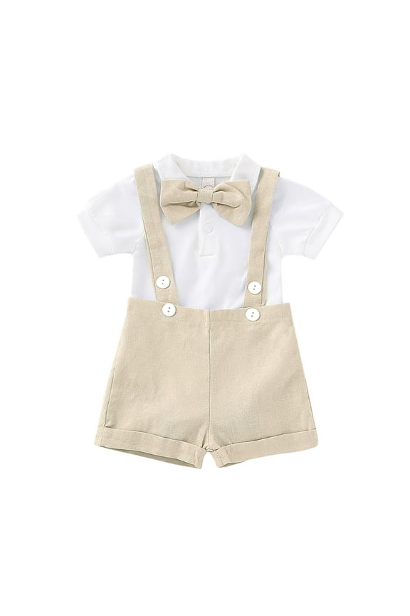 Infant Boys Formal Suit Short Sleeve Romper Suspenders Shorts Bowtie Wedding Tuxedo Outfits, Beige