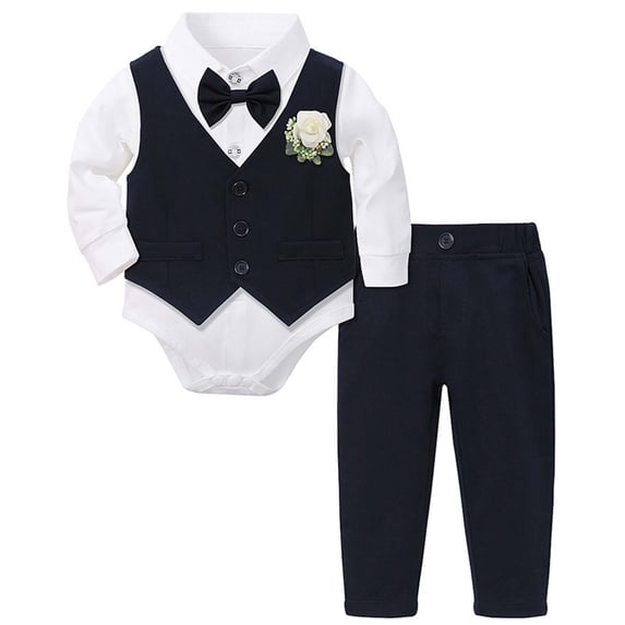 WOYY Boys Formal Suit Tuxedo Outfits Long Sleeve Bodysuit Vest Pants Set Baby 2Pcs Set, Sizes 0-18 Months