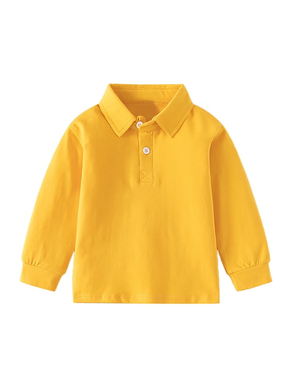 Boys Long Sleeve Polo Shirt School Uniform Solid Color Casual Shirt, Yellow